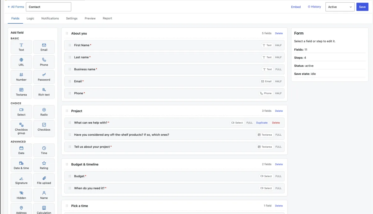 The Vitasiti form builder — the in-house tool behind the Contact form and booking flow on /contact