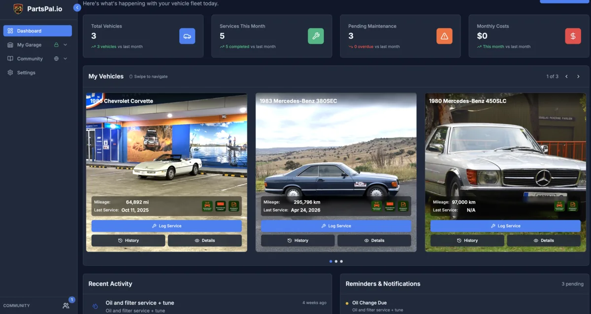 PartsPal.io — a vehicle-ownership app with garage records, parts inventory, AI-assisted part ID, and a community feed for enthusiasts